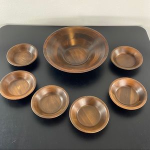 Vintage Vermillion walnut serving bowl w/ six bowl